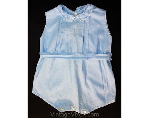Charming 1920s Toddlers Blue Cotton One Piece Romper with Heirloom Embroidery - Size 12 to 18 Months - Infant Child's Pastel Bubble Suit