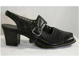Size 6 Shoes - Chic 1930s Black Leather Spectator Peep-Toe Pumps - 6AA Narrow Width - Authentic 30s Deadstock - Asymmetric Top-Stitching