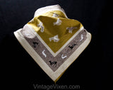 Dancing Deer Scarf - 1950s Peasant Cotton Head Kerchief - 50s Gray Gold Ivory Black Novelty Print with Border - Graceful Mid Century Style
