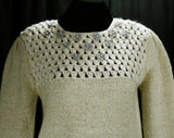 Size 4 Pullover - 1980s Beige Woolly Sweater with Daisies - Small Long Sleeved 80s Spring Top - Gray Flowers & Openwork Knit - Bust 38