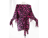 Size 12 Polka Dot Silk Shirt - Designer Pink & Black Print Top - Bow Tied Shoulder and Open Sleeve with Sash - 1990s Dan DeSantis Deadstock