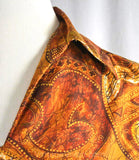 Men's Medium 1960s Aloha Shirt - Copper Batik 60s Mens Aloha Top - Brown & Gold Cotton Sateen - Short Sleeved Casual - Chest 42
