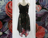Size 6 Sun Dress - Small Black Floral 70s Casual Dress - Roses Print Knit - Blouson - Handkerchief Hem - Summer Lolita - Bust 34 - 42189