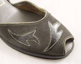 Size 6 1940s Gray Platform Shoes - 40s 50s Peep Toe Wedges with Sexy Ankle Strap - Suede & Leather Appliques - Narrow Width - Deadstock