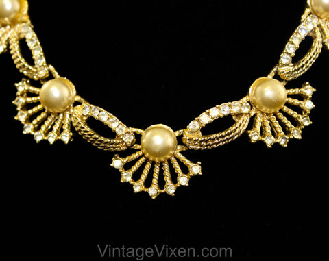 Antique Style Seashell & Pearl Necklace - Victorian Revival 1950s 1960s Goldtone and Rhinestones - Mermaid Aquatic Queen of the Sea