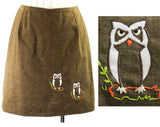 Size 6 Owls Sport Skirt - Cocoa Brown Cotton & Embroidered Appliques - 60s Summer Casual Wear - Small Preppy Deadstock - Waist 25.5