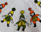 Folk People Tablecloth - 35 Inches Square - 1950s 60s Scandinavian Style Elves Novelty Print - Green Gray Orange - Spring Cotton Table Cloth