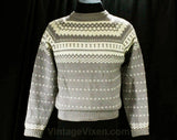 Men's Medium Ski Sweater - 1950s Mens Pullover - Gray & Ivory Fair Isle Wool - 50s Artisan Made Knit - Germany European Label - Chest 44