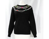 Large 1980s Jewel Sweater - Black Novelty 80s Pullover with Magenta Emerald Ruby Red Faux Gems & Pearls - 80s Oversized Pullover - Size 12