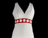 Size 6 Maxi Dress - Small 70s Red & White Dress with Mod Dots - Polyester Knit - Sleeveless 1970s Long Summer Maxi - Bust 36 - 50739