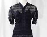 Size 8 1930s Dress - Sheer Navy Blue Voile with Scalloped Embroidery - Authentic 30s Frock & Original Slip - Plastic Bow Buttons - Bust 37