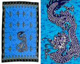 1960s Cotton Dragon Batik Print Fabric - 1.8 Yards Turquoise Blue & Black Panel Yardage - 60s 70s Summer Bohemian Border Print Sarong Wrap