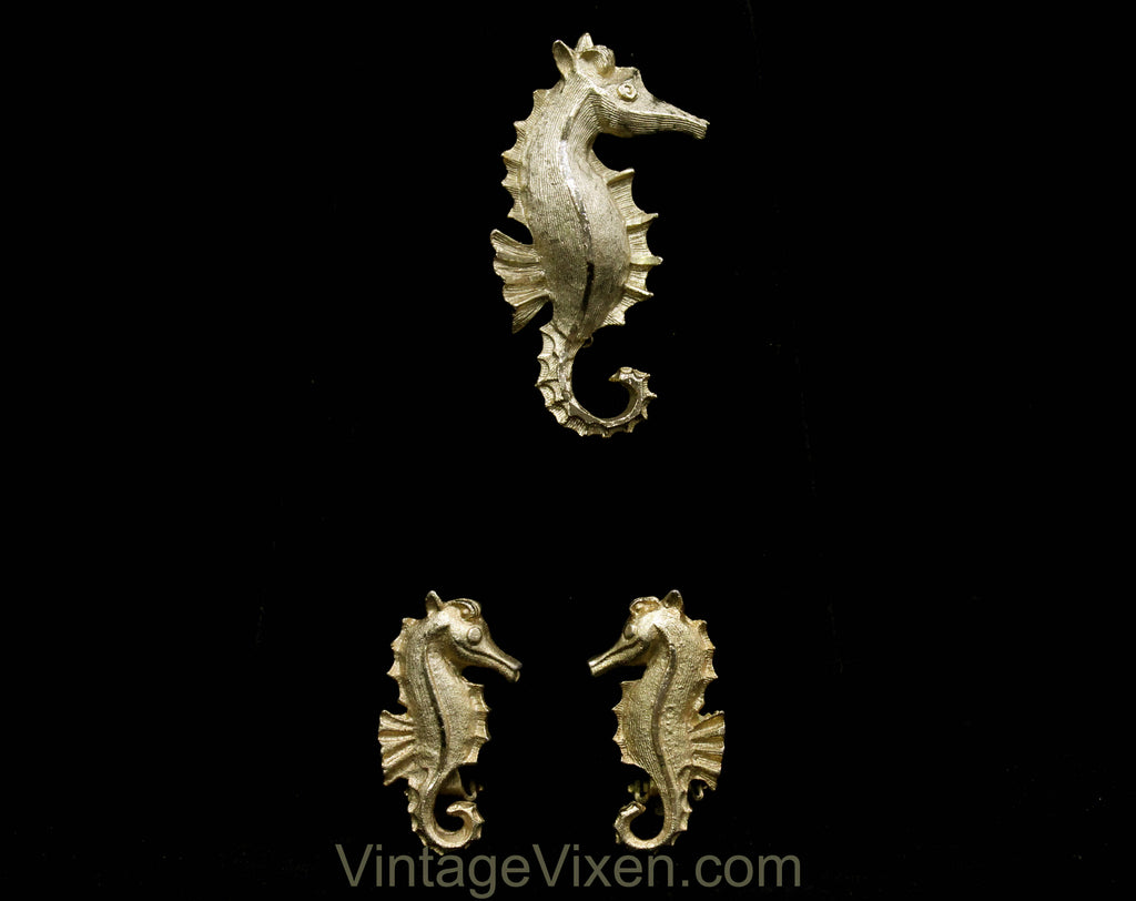 1950s Seahorse Pin - Sea Horse Brooch & Earrings - Gold Hue Metal - Aquatic Ocean Novelty Animal Theme - 50s 60s Goldtone - 50585