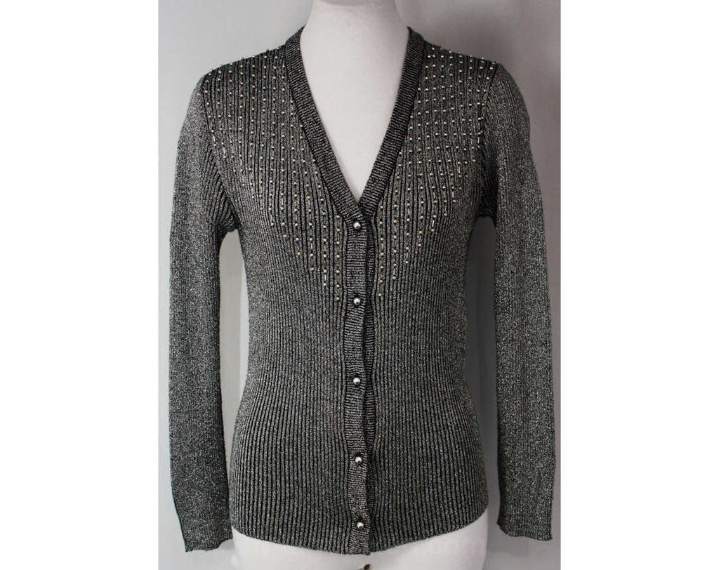Size 6 Sparkling 70s Silver & Black Knit Cardigan - 1970s Glamour - Excellent - V Neck - Button Front Sweater - Bust 34.5 - 36200-1