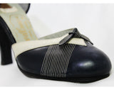 Size 4 Art Deco Shoes - Unworn 1940s Navy & White High Heels - 40s Small Size Pumps - Two-Tone Dark Blue Top Stitched Leather - 4B Deadstock