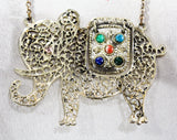 70s Elephant Pendant Necklace - Large Jointed Metal India African Jungle Design - 1970s Safari Animal Filigree - Gold Green Blue Orange