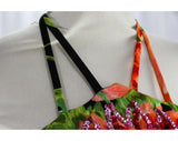 XS 1970s Sun Dress - Strappy Lolita Chic 70s Bright Floral - Orange Green Black - Tropical Resort Jersey & Sequins - Long Dress - Bust 31.5