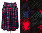 Size 12 Pleated Skirt - 1960s Magenta Pink Indigo Blue Turquoise Teal Black - Scribbled Plaid 60s Print - Original Belt - Waist 29.5 - 49581