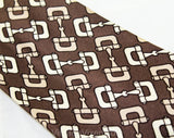 1970s Gucci Designer Tie - Brown Buckle Bit Novelty Print Men's 70s Necktie - Chocolate & Beige Silk Foulard with Signature Engineered Print