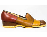 Size 7.5 1970s Platform Shoes - Rust Gold & Brown Hippie 1960s Patchwork Leather Shoe - Unworn 7.5 Narrow - Stitched Patches - 60s Deadstock