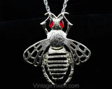 70s Pendant Necklace - Novelty Bee Insect Design with Jointed Moveable Parts - Silver Hue Metal Wasp - 1970s Big Bug with Ruby Rhinestones