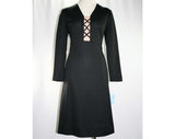 Size 12 Sexy Black Dress - Lady Godiva Inspired 1960s Dress with Nude Illusion Lace Up Bust - Long Sleeve with Criss Cross - Bust 38 - 41241