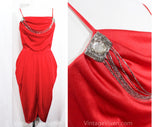 Size 8 Red Disco Dress - Sexy 1970s 80s Jersey Knit Cocktail by Night Visionz California - Deco Inspired 70s Evening Glamor - Beaded Swag