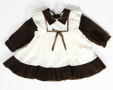 Prairie Baby's Dress - Size 9 to 12 Months - 1970s Retro Brown Velveteen Hippie Pinafore Style Frock with Faux Eyelet Cotton - Little House