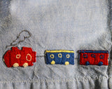 Size 4T 5T Boy's 50s Train Theme Overall - 1950s Child's Blue Cotton Romper - Locomotive Novelty Appliques - Red Blue Yellow - Made in Italy
