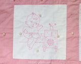 As Is Pink 1940s Childs Quilt - Hand-Sewn & Hand-Embroidered Baby Coverlet - Adorable Kewpie Embroidered Scenes - Large Size 33 x 43 Inches