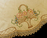 40s Embroidered Tablecloth - 1940s Spring Oval Flower Baskets - Antique Tea Colored Beige - Pink Blue Green Brown - Sweet Daisy Flowers