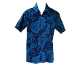 Men's Small Hawaiian Style Shirt - 50s Turquoise Blue & Metallic Gold Hibiscus Print - Short Sleeve Summer 1950s California Label - Chest 38