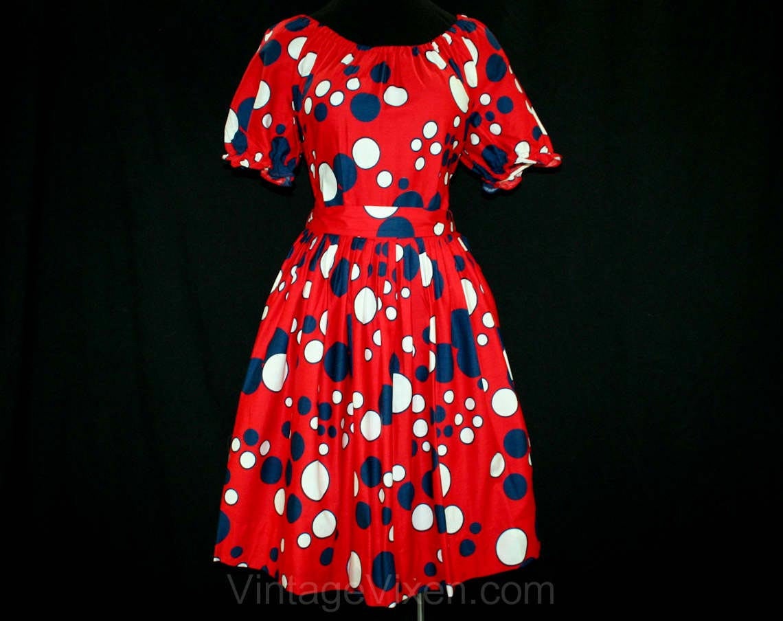 Size 6 Red Bubbles Peasant Dress - 1950s 1960s Dotty Novelty Print Cot Vintage Vixen Clothing Size 6 Red Bubbles Peasant Dress - 1950s 1960s Dotty Novelty Print Cot Vintage Vixen Clothing