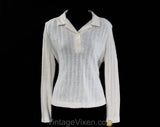 Size 16 Ivory Knit Shirt - 70s Sweater Blouse with Polo Neckline - Cozy XL Plus Size Long Sleeve Top - Offwhite with Tie Belt - Bust 42