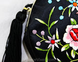 Asian Bird Evening Purse - 60s 70s Formal Handbag - Beautiful Embroidery - Fine Black Satin Bag with Shoulder Strap - Turquoise Pink Orange