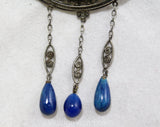 Antique Style Brooch with Lapis Lazuli Blue Glass Stones - Boho Victorian Inspired Pin - 1970s Antique Revival Jewelry - Dangling Teardrops