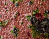 Full Size 1940s Bedspread - Sweet Pink & Green Roses Print on Glam Satin - 40s Rayon Bedroom Linens - Double Bed Cover - Chain Stitching