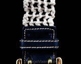 1960s Mod Navy Belt with Solid Brass Buckle - Medium Large - Dark Blue Leather & Cotton Rope - 60s 70s Boho Rock Star Style - Waist to 32