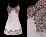Size 4 Burlesque Full Slip - 60s Glittering Rhinestone Studded XS Pink - Mini 1960s Striptease Lingerie From Stripper's Estate - Bust 33