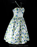 Size 4 Sun Dress - 1950s Halter Cotton Dress - Sweet 50s Blue & Green Sweet Pea Floral Pique - Full Skirt - Spring Summer - Waist 27.5