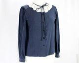 Size 10 Valentino Blouse - 1980s Gorgeous Dark Blue Silk Long Sleeved Shirt - Small Medium 80s Designer Top with Lace Ruffle - Bust 37