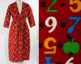 Petite Novelty Print Red Corduroy Robe - 1950s Wrap Front - Late 50s 60s Lounge Wear - Mathematics Numbers Apples - Teacher's Pet - Bust 35