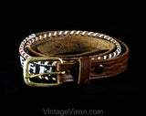 Large 1980s Banana Republic Belt - 80s Boho Native Tribal Style Tooled Leather Beadwork & Metal Buckle - Size 12 to 14 - Waist 30 to 34