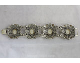1950s Victorian Inspired Bracelet - 50s Baroque Faux Pearls Panel Bracelet - Antique Look Filigree Metal - White Gold Champagne - 50451