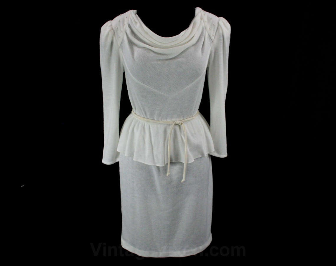 Size 6 1980s Dress - Sexy White 80s Dress - Jersey Knit - Pearl Studs Vintage Vixen Clothing Size 6 1980s Dress - Sexy White 80s Dress - Jersey Knit - Pearl Studs Vintage Vixen Clothing