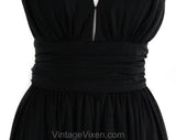 Size 8 Black Party Dress with Full Circle Skirt - Black Jersey Knit Cocktail by Designer Charles Glueck - Plunge Neck Evening Glam - Bust 38