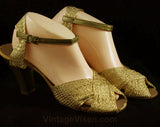Size 5.5 Shoes - Hollywood Style 1950s Gold Sandals - 5 1/2 Glamour Girl Pin Up Starlet Evening Metallic Open Toe Shoes - 50s NOS Deadstock
