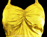 Size 8 1930s Evening Dress - Citron Yellow Rayon Satin Floral Brocade Formal Gown - Authentic 30s Party Frock - Braided Halter - Waist 27