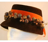 Adorable Chocolate 1960s Hat with Berries & Pumpkin Velvet Ribbon - Bucket Style Autumn Fall Brown Orange - Close Fitting Hat - 32354-1