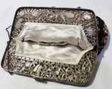 Victorian Inspired 1930s Purse - Peach Gray Black Floral Needlepoint Bag - Cutwork Metal & Stone Cabochons - Antique Look 20s 30s Handbag